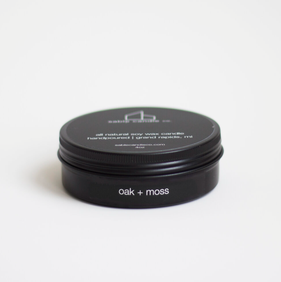 oak + moss mini tin candle