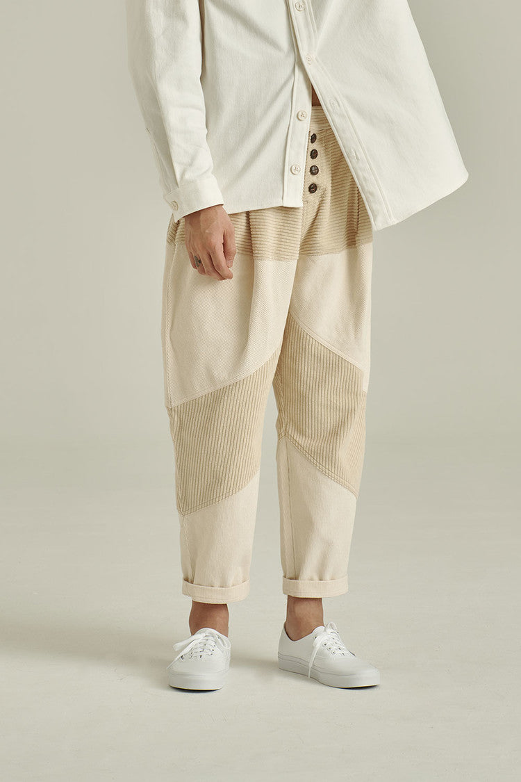 MIXED CORDUROY PATTEN BAGGY PANTS - IVORY (MEDIUM)