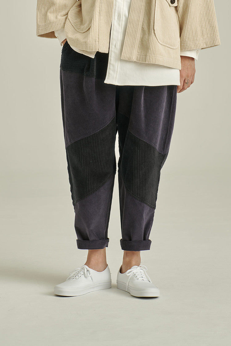 MIXED CORDUROY PATTEN BAGGY PANTS - NAVY (M/L)