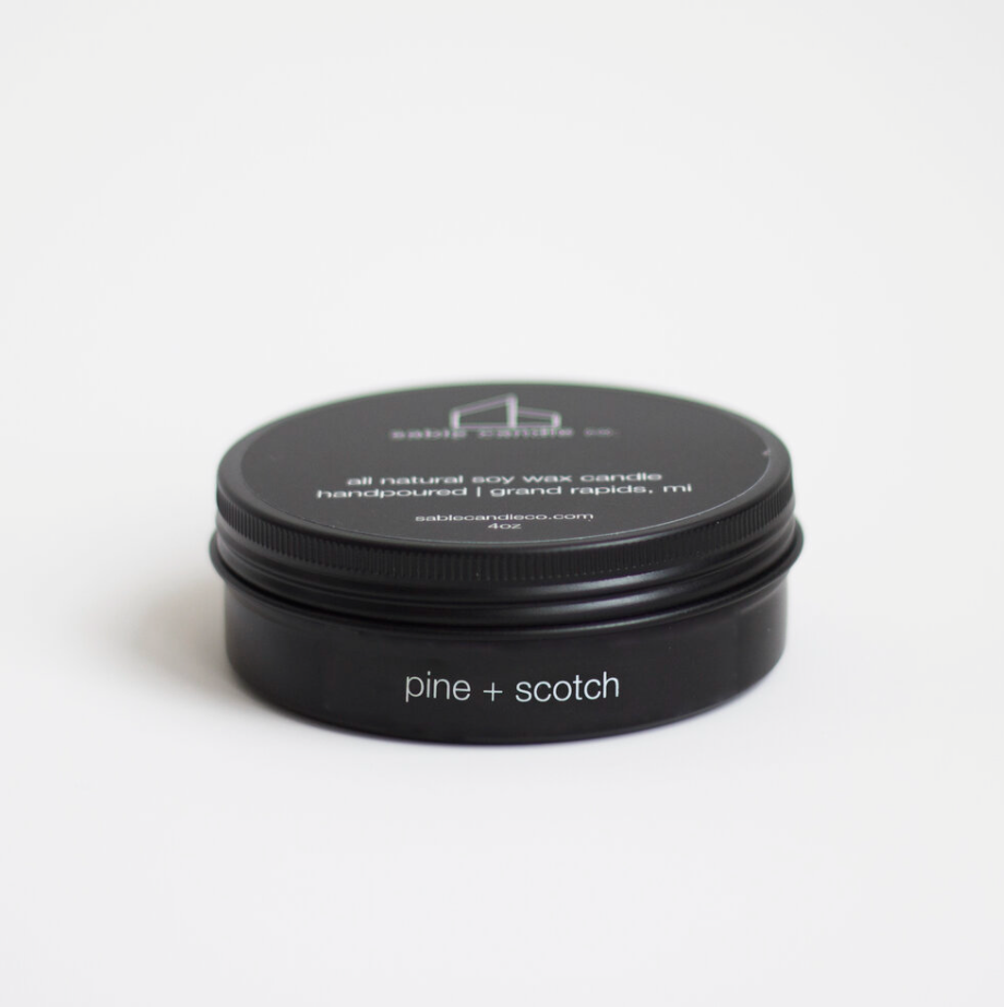 pine + scotch mini tin candle