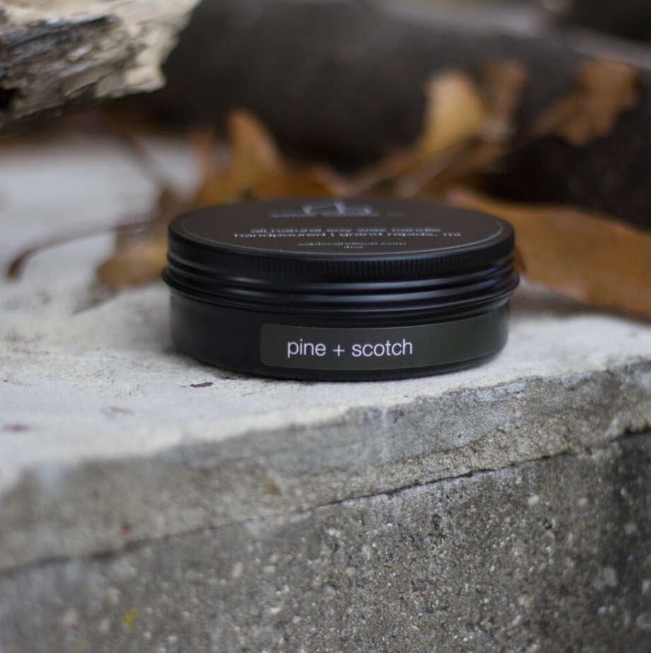 pine + scotch mini tin candle
