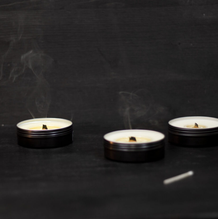 pine + scotch mini tin candle