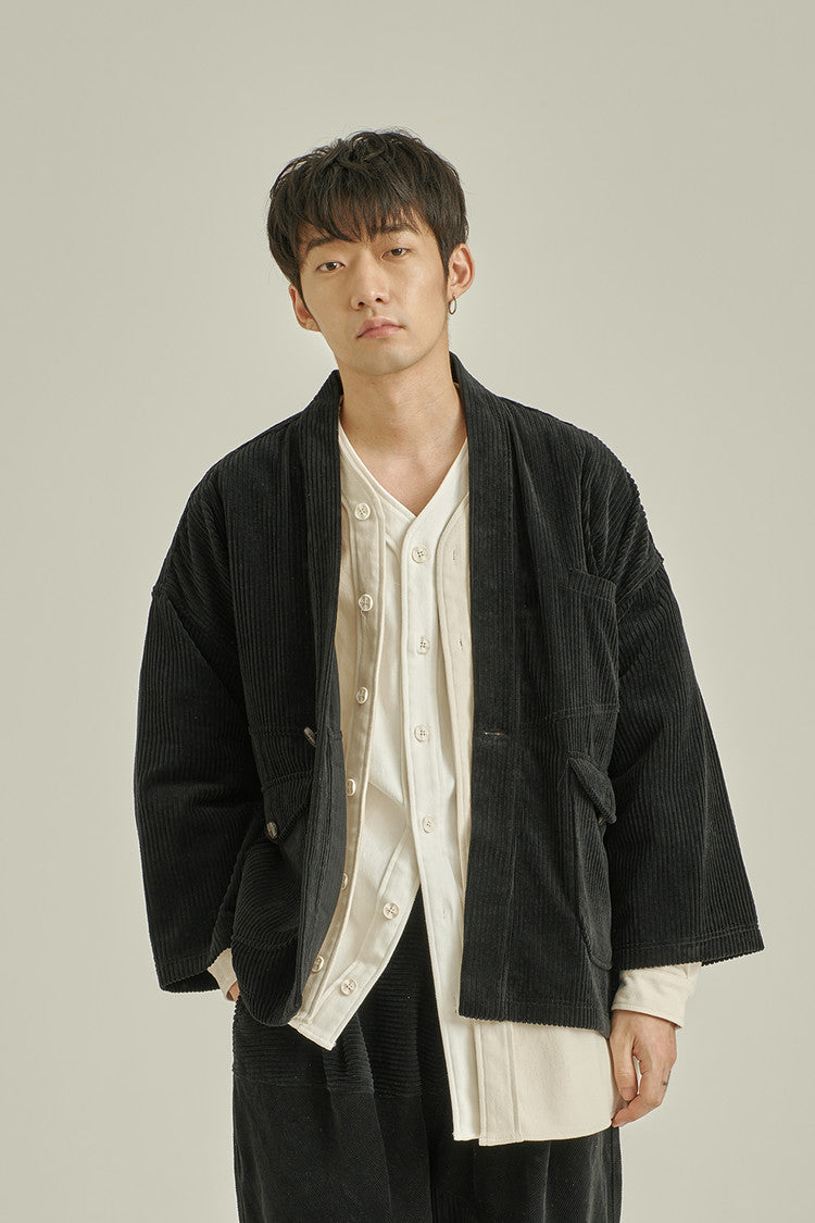 VINTAGE CASUAL CORDUROY ROBE - BLACK (M)