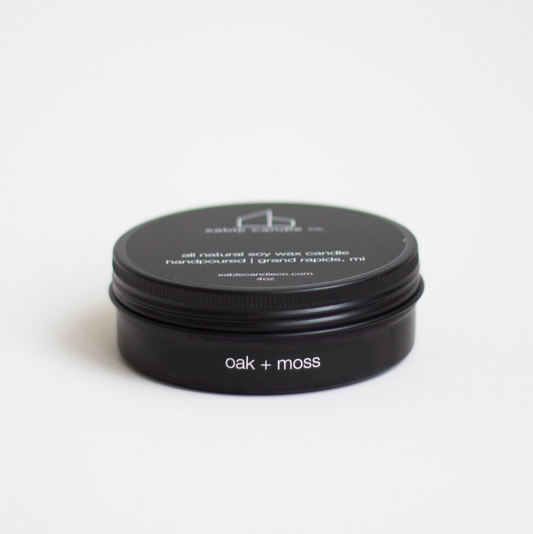 oak + moss mini tin candle