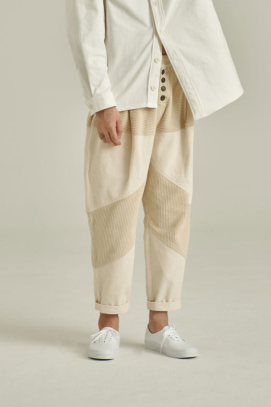 MIXED CORDUROY PATTEN BAGGY PANTS - IVORY (MEDIUM)