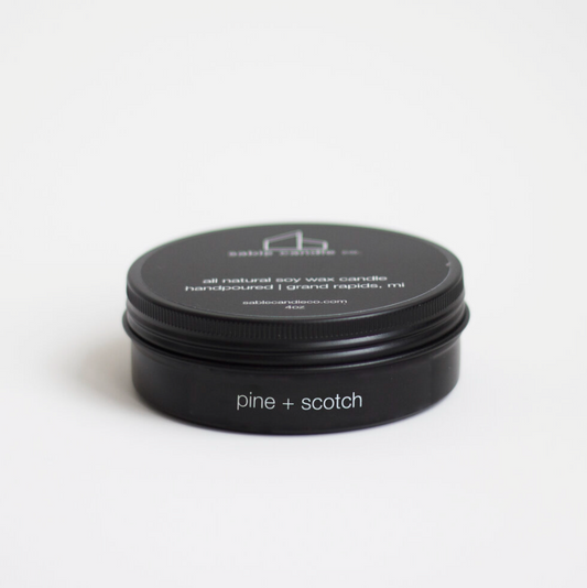 pine + scotch mini tin candle