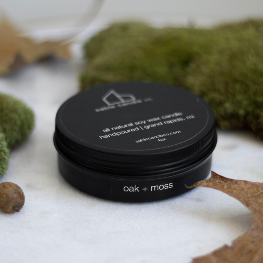 oak + moss mini tin candle